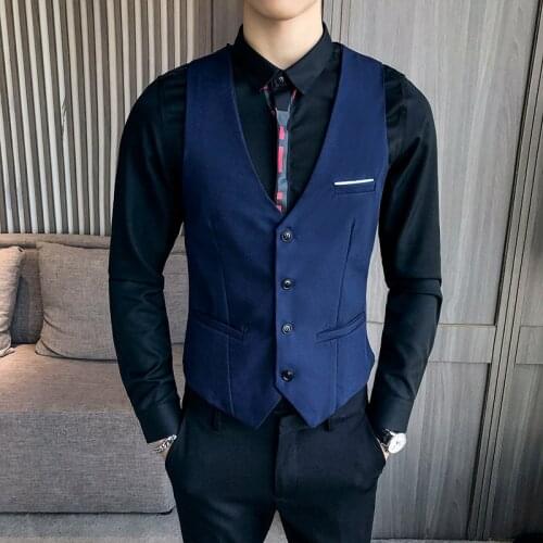 Mens suit vest blue classic solid man dress vest korean slim fit business casual waist coat for men work men vests