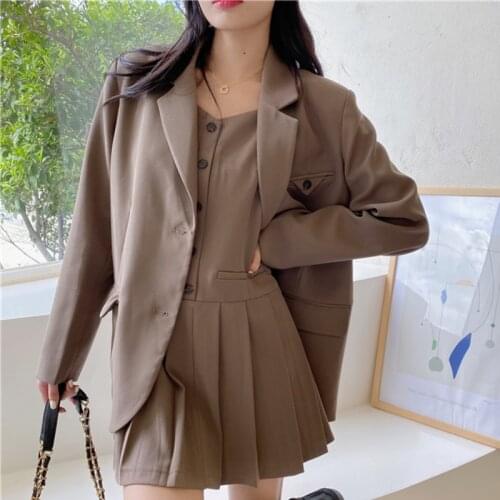 2021 Korean OL Two Piece Set Women Blazer Coat & Pleated Spaghetti Strap Dress Suits Fashion 2 Piece Set Casual Femme Suits