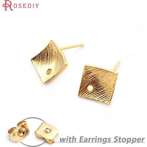 33754)10PCS 8.5MM 24K Gold Color Brass Striped Rhombus Inward Arc Surface Stud Earrings Pins High Quality Jewelry Accessories