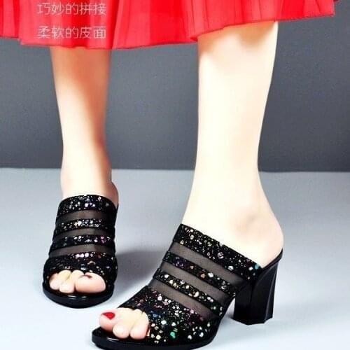 5cm 7cm High Heels Sandals Women 2021 New Fashion Outside Thick Heel Open Toe Cool Slippers Women Water Drill Cool Drag