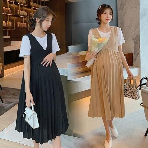 95881# T shirt + Dress Maternity Clothes Loose Stylish Short Sleeves A Line Dress Pregnant Women Mom Dress