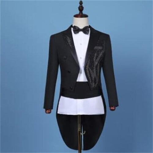 Black blazer men diamond tuxedo suit groom jackets mens wedding suits costume singer star style stage clothing formal dress