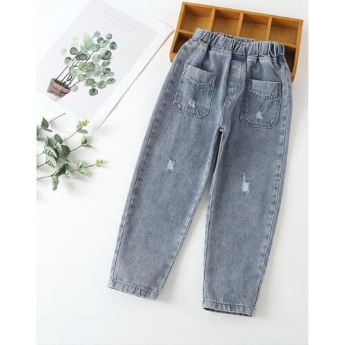 Spring Autumn New Teen Girls Denim Pants Childrens Casual Loose Solid Jeans Trouers Fashion Broken Hole Jeans for Girls 4-10 Y