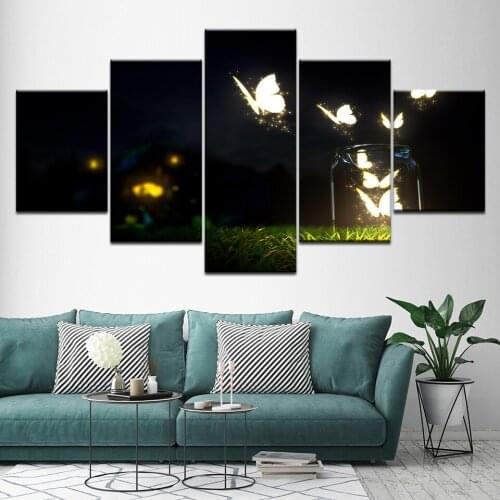 Canvas Painting Glowing butterflies fly on the grass at night 5 Pieces Wall Art Painting Modular Wallpapers Poster Print Decor
