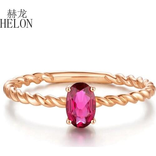 HELON Solid 14K Rose Gold Certified Oval 0.5ct Tourmaline Ring Genuine Gemstone Ring Jewelry Wedding Party Rings For Women Gift