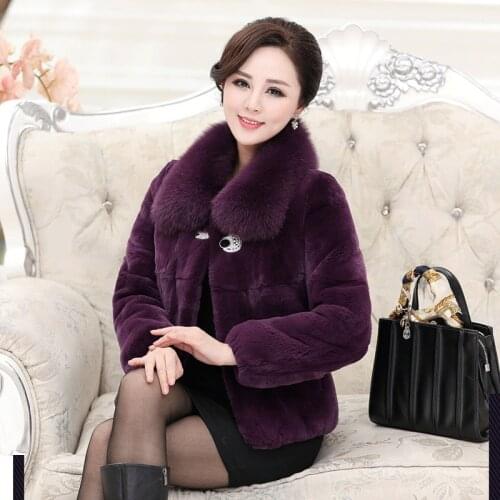 2019 whole skin natural rex rabbit fur coat short style jacket fox fur collar overcoat large size womens winter outerwear coats