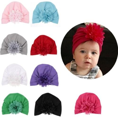 Yundfly Cute Newborn Turban Hat Chiffon Flower Cotton Blend Kids Caps Beanie Top Knot Handmade Hats Birthday Christmas Gift
