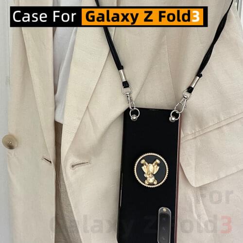 Cute Bear for Samsung Galaxy Z Fold3 Foldable Screen Phone Case W22 Leather Crossbody Rope Phone Case