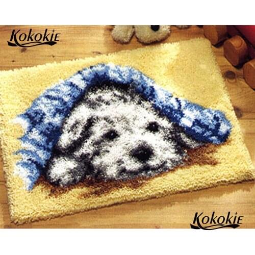 Dog latch hook kits rug cartoon printed canvas knooppakket tapijten accessories carpet embroidery foamy floralkussen knooppakket