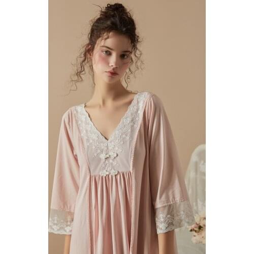 Hanxiuju Sexy Deep V-Neck Long Nightgowns For Women Royal Princess Lace Half Sleeve Embroidery Sleepwear Summer Autumn Home Wear