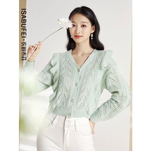 2021 new knitted cardigan womens spring and autumn thin design niche ruffle sweater jacket