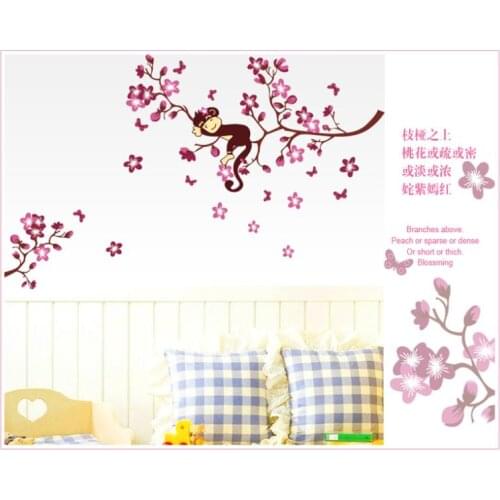 NEW High quality Monkey Sleeping on Pink Flower Tree Wall Decals Stickers Decor Kids NurseryZY7020