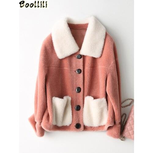 Boollili Real Fur Coat 100% Wool Jacket Women Clothes 2020 Fox Fur Collar Sheep Shearing Winter Coat Women Korean Fur Tops
