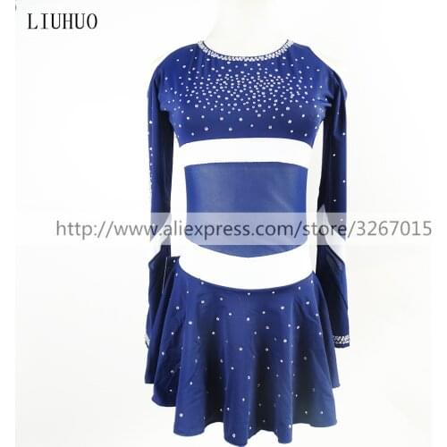 LIUHUO Figure Skating Dress Womens Girls' Ice Skating Dress Competition Round neck Long sleeve Dark blue Strapless shoulder
