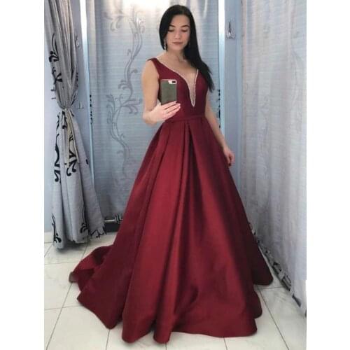 Sexy Deep V-neck Evening Dress Burgundy Satin A-line Long Prom Dresses