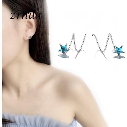 ZRHUA 925 Sterling Silver Stud Earrings With Blue Zircon Clear CZ Stone Hot Women Girls Wedding Engagement Jewelry Wholesale