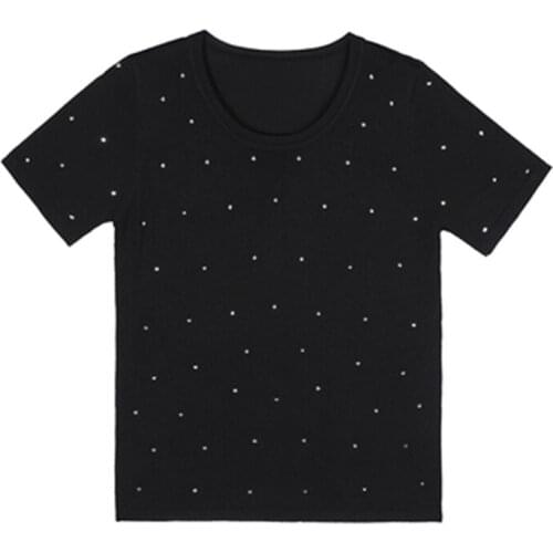 Knit Tees T shirt Women Clothes Diamond Cotton Korean Casual T-Shirt Summer Tops Black Short Sleeve Y2K Shirt White 2021