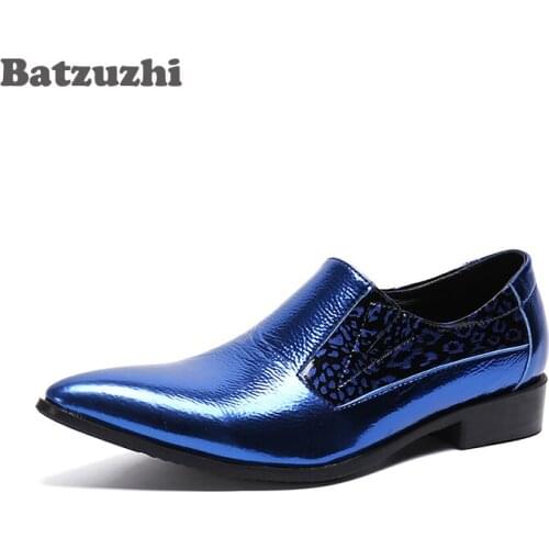 Batzuzhi Blue Genuine Leather Shoes Men Handmade Men Leather Shoes Pointed Toe Oxfords Formal zapatos de hombre, Big Size US12