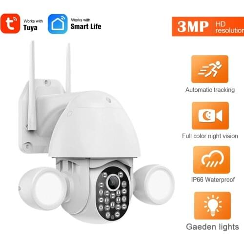 Wifi IP Tuya Flood Lighting 3MP Security Camera AI Auto Tracking Humanoid Trigger PTZ CCTV Vedio Surveillance With Google Alexa