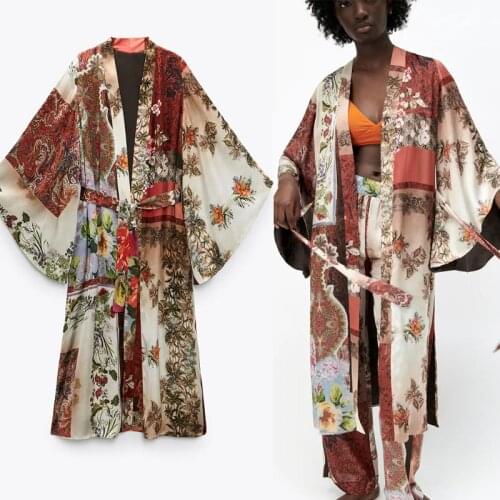 Za Vintage Floral Print Kimono Dresses Women Long Asymmetric Sleeve Tied Belted Beach Kimono Woman Pleated Summer Dress 2021