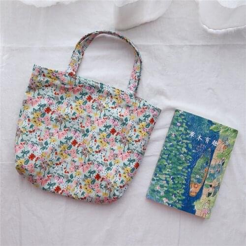 Women Floral Pattern Cotton Lunch Bag Canvas Cloth Flower Shopping Bags Eco-friendly Totes Mini Handbag For Woman