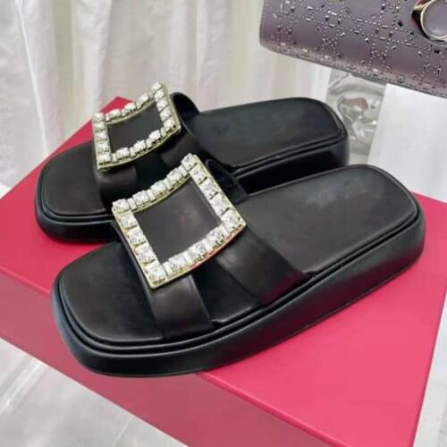2021 Rhinestone Sandals Women Open Toe Diamond Square Decor Real Leather Thick Bottom Flat Shoes Woman Fashion Beach Slippers