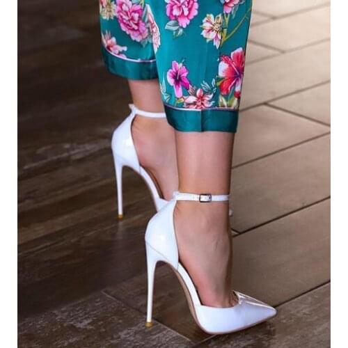 Moraima Snc White Patent leather High Heel Shoes Pointed Toe Ankle Strap Woman Pumps Sexy Cutouts Party Dress Shoe