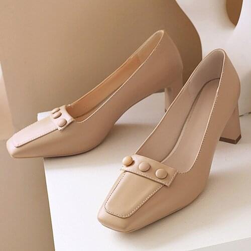 Shaped Heel Simple And Fashionable High-Heeled Shoes Square-Toe Shallow Mouth Round Button Decoration Apricot Womens Shoes