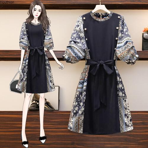 Houthion Women Dresses Chiffon Midi Dress Bosmia Lantern Sleeve Draw Back Lace New Korean Casual Fashion Dresse