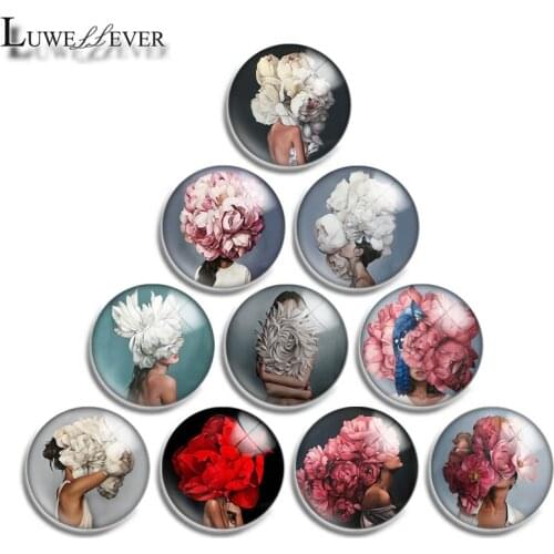 10mm 12mm 16mm 20mm 25mm 30mm 590 Woman Flower Mix Round Glass Cabochon Jewelry Finding 18mm Snap Button Charm Bracelet