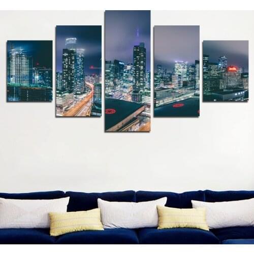 5 Pieces Of Urban Architecture Night Scenery Canvas Painting Wall Art Print High-definition Poster Home Decoration Modular