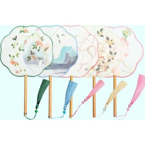 Antique round fan Chinese style classical female Hanfu translucent long handle group fan Palace wind chinese fan