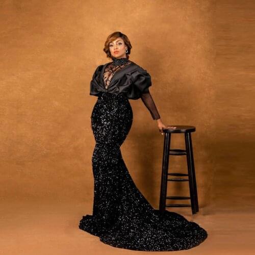 Aso Ebi Style Black Mermaid Prom Dresses Plus Size Hig Neck Satin And Sequined Sheer Long Sleeves Evening Gowns Formal Wear