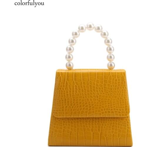 PU leather handbags women bag small Pearl handle totes chain shoulder crossbody bags ladies classic Stone pattern bag purse 2019