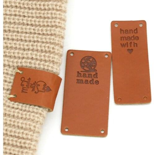 20Pcs Brown Handmade Labels PU Leather Clothing Labels Hand Made With Love Tags For Hat Sewing Materials Garment Accessories