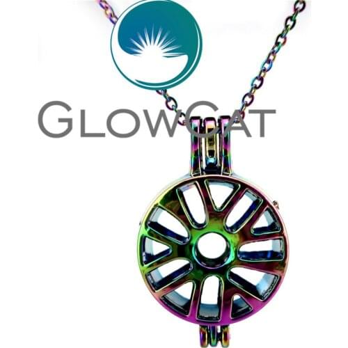 GLOWCAT CC615 Rainbow Color Round Wheel Beads Cage Pendant Essential Oil Diffuser Aroma Pearl Cage Locket Necklace