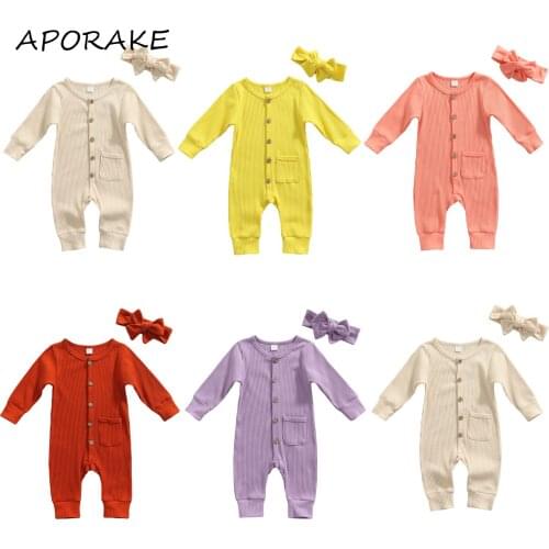 2021 0-24M Infant Baby Boy Girl Jumpsuit Spring Fall Solid Color Pockets Button O Neck Long Sleeve Romper+Headband Casual 2pcs