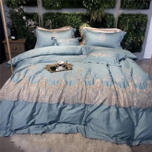 4/5pcs Sky Blue European Style Embroidery Lace 60s Egyptian Cotton Bedding Set Duvet Cover Bed Linen Bed sheet Pillowcases