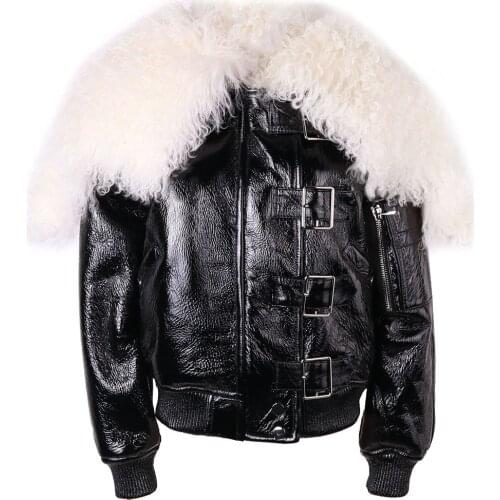 YOLOAgain Winter Warm Big Fur Collar Women Real Sheep Leather Shearling Jacket Coat Ladies