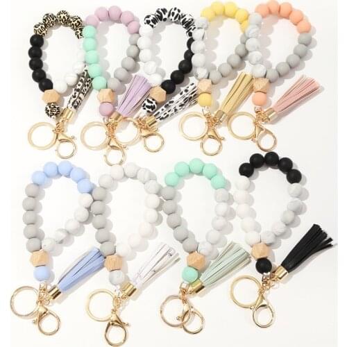 Makersland Silicone Beads Keychain Fashion Colored Beads Bracelet Keyring Big Round Leopard Tassel Key Chain For Bag Wholesale