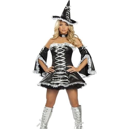CUTE balck cosplay bandage leather vinyl witch costumes with hat in the halloween w1030