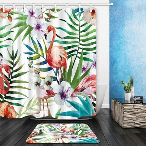 Flamingo Shower Curtains Set Watercolor Flower Plant Green Leaf Bathroom Decor Home Bath Bathtub Curtain and Flannel Mat Carpet