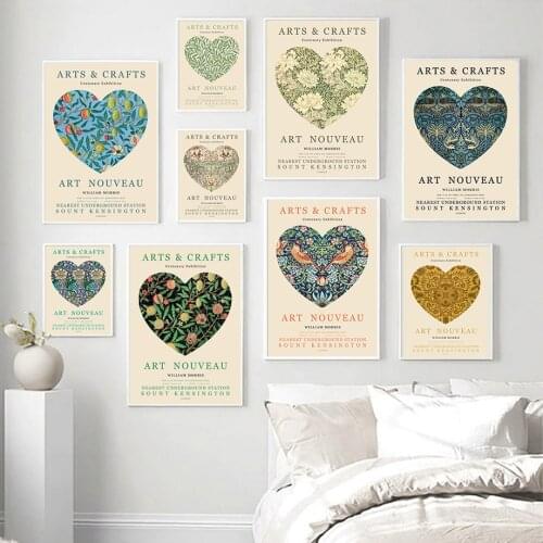 Love Heart Vintage William Morris Flower Leaf Bird Wall Art Canvas Painting Nordic Posters and Prints Living Room Decoration Wal