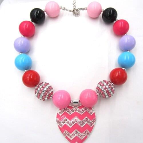 New Baby Girl Chunky NecklaceAlloy Pink Love Heart Pendant Bubblegum Bead Chunky Necklace Best Gift Jewelry For Toddler Children