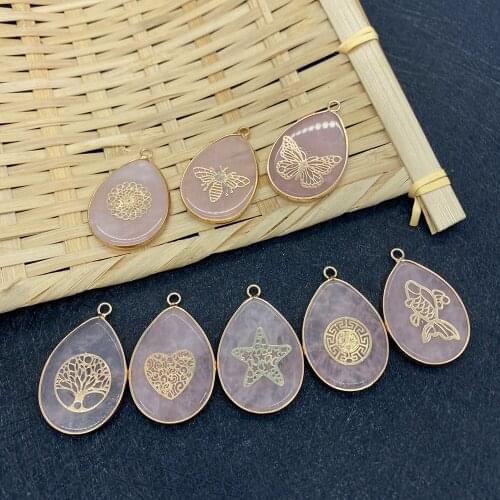 Natural Stone Turquoise Pendant Pink Transparent Drop-shaped Metal Edging Animal and Plant Pattern Necklace DIY Jewelry Design