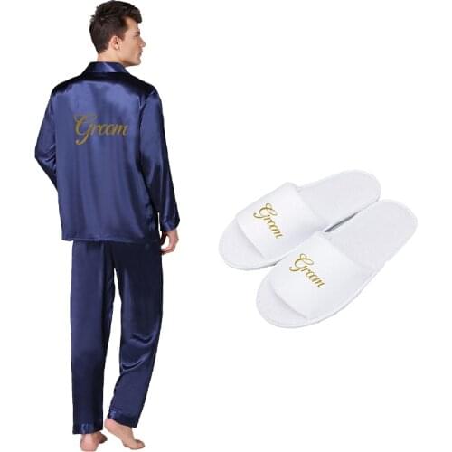 Satin Silk Long Sleeve Pyjamas Set for Mens custom pajamas groom pajamas groom slippers silk pajamas navy men pajamas