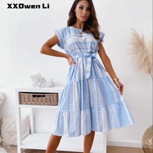 Summer Casual Vintage Print Short Sleeve Belt Midi Dresses For Woman 2021 Fashion Lace Up Robe Femme Ladies Office Clothes