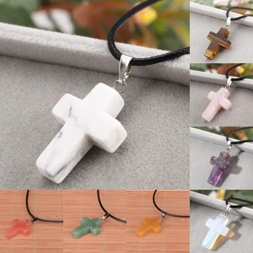 Cross Drop Pendant Leather Cord Choker Necklace For Christian Rose Purple Tiger Eye Opal Real Natural Quartz Stone Jewelry Gift