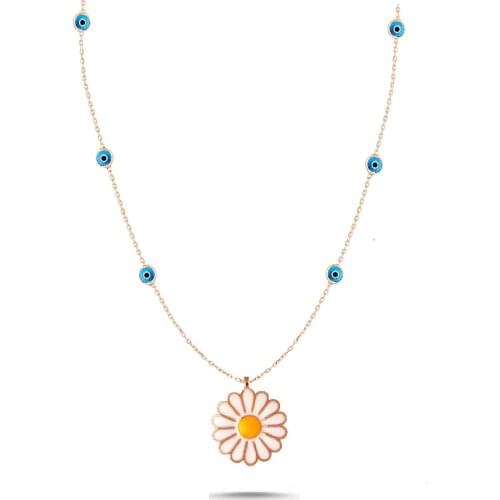 Silver rose blue enamel evil eye beaded daisy necklace