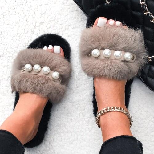 Real Rabbit Fur Slippers Fluffy Flip Flops Cute Pearl Furry Fur Slides Designer Plush Slippers Summer Sandals Women House Shoes